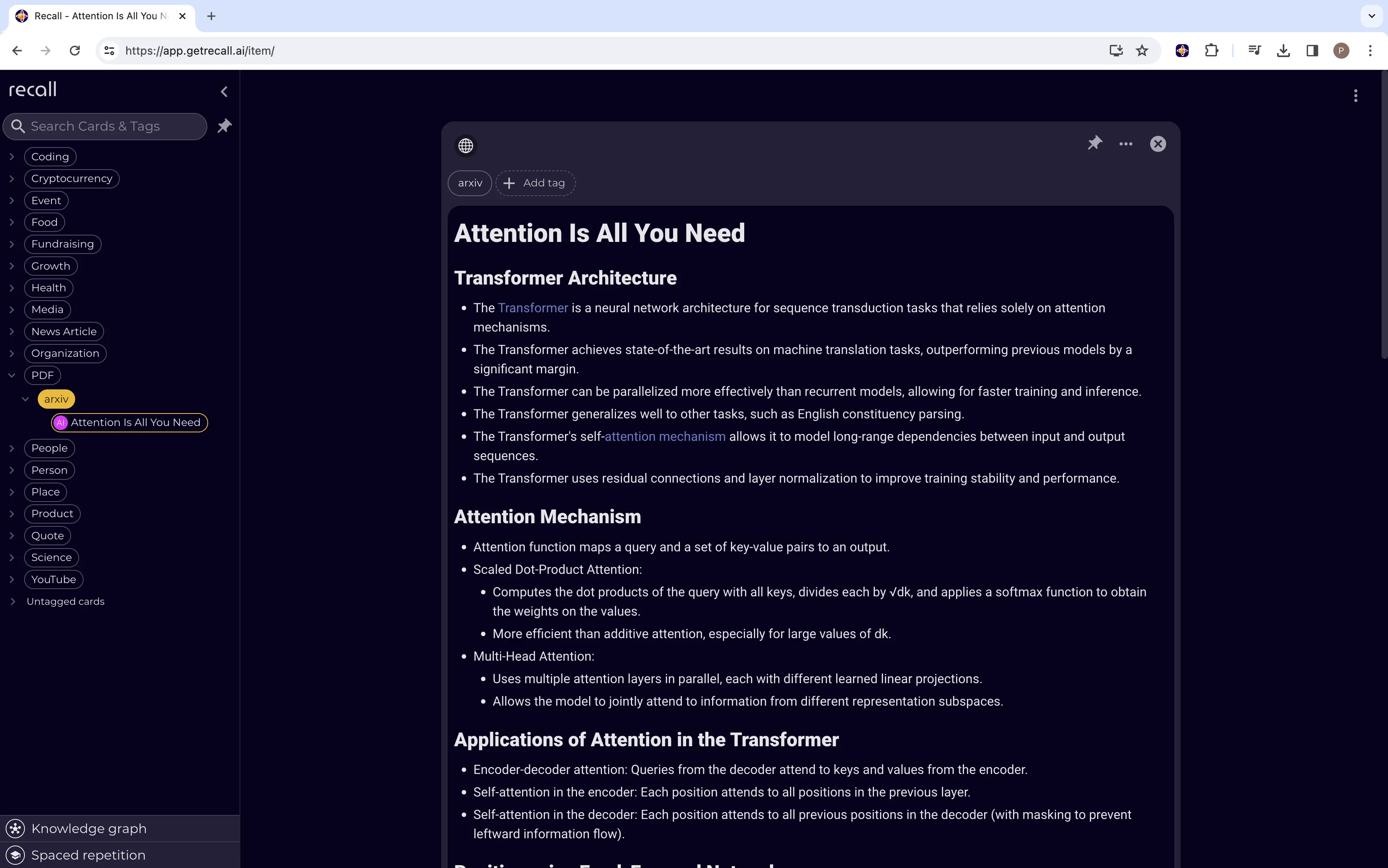 The summarized PDF saved in the Recall knowledge base