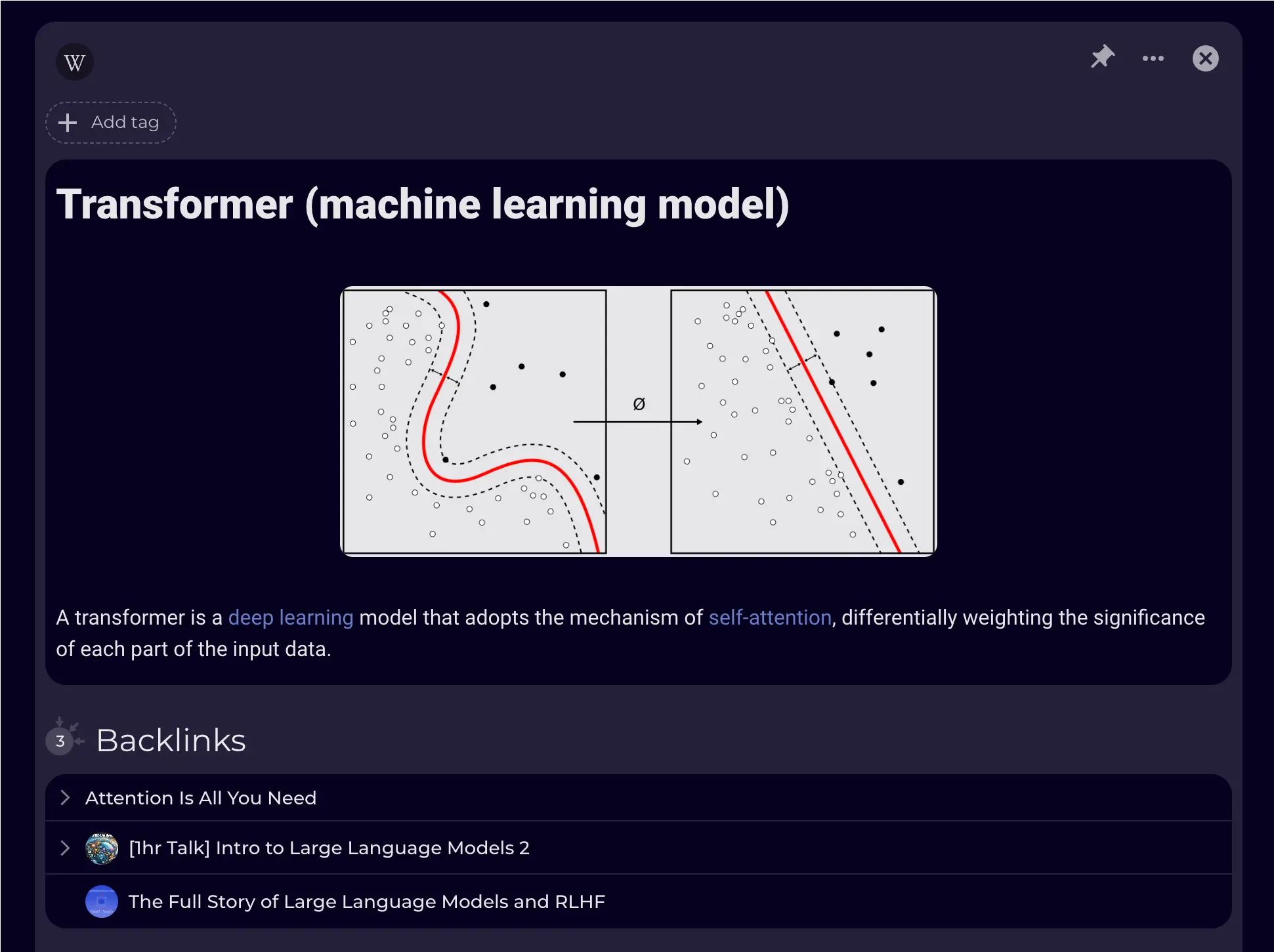 Summary and backlinks for the Transformer model in the knowledge base