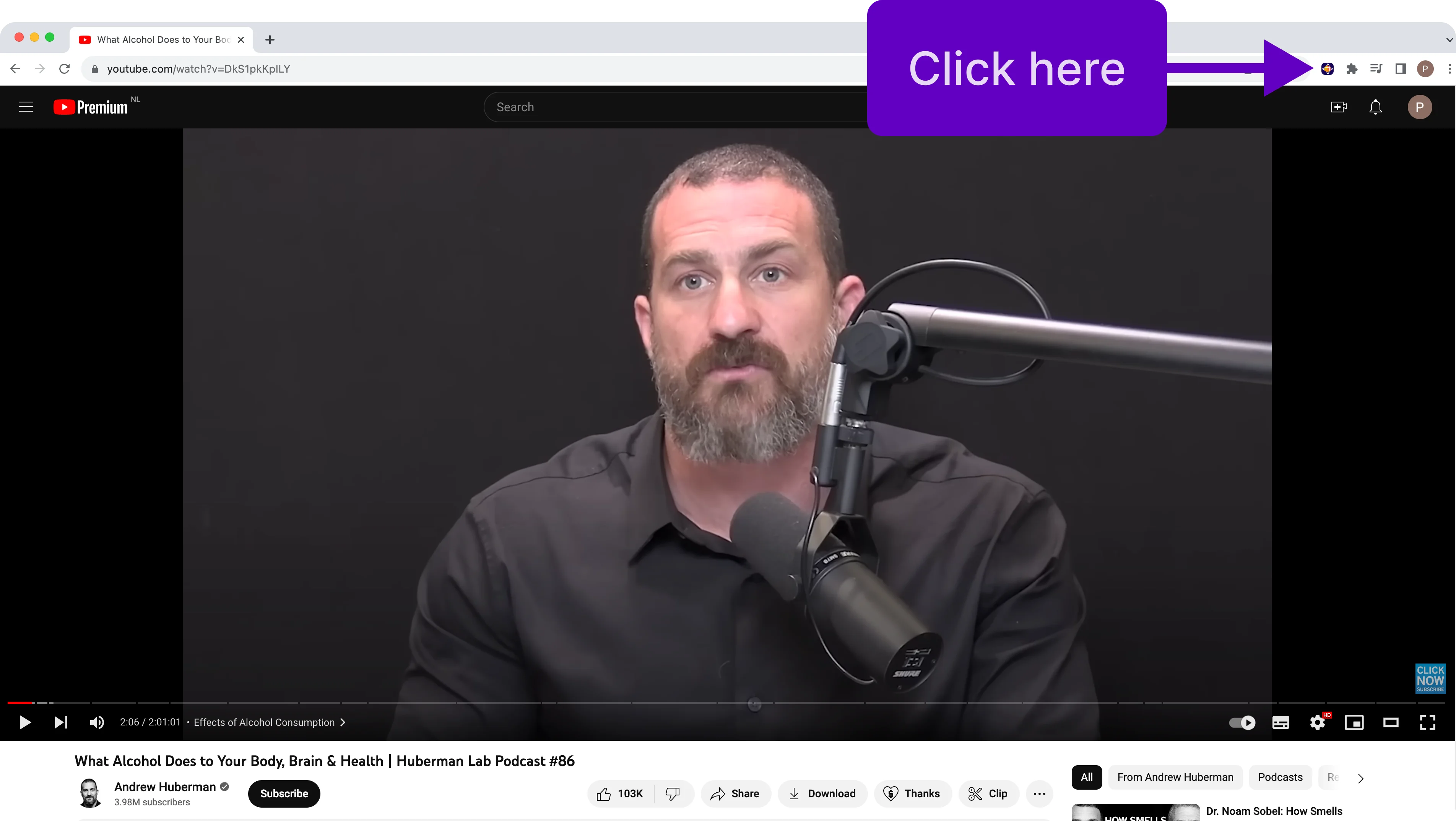 Clicking the Recall Extension icon to create the YouTube summary