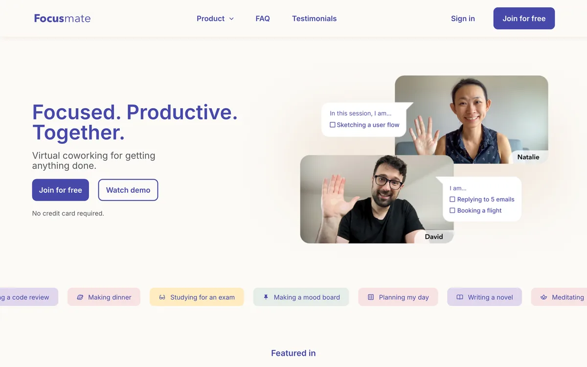 The Focusmate home page showing two people in a virtual coworking session