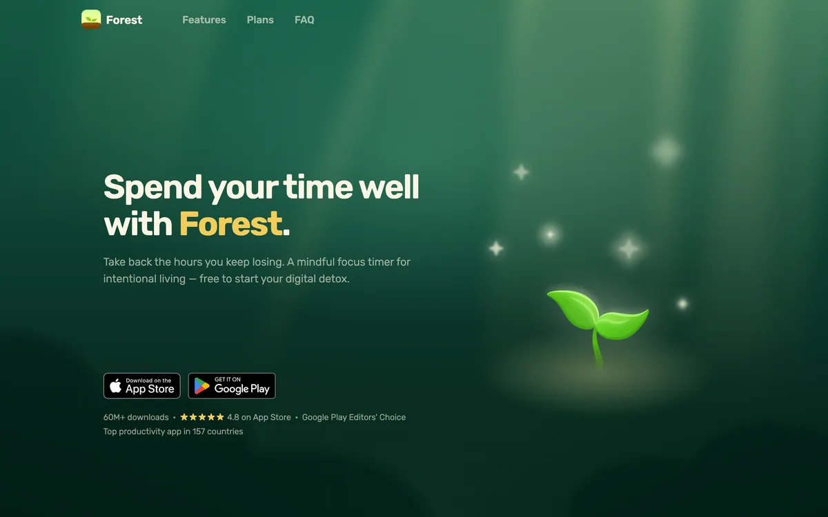 The Forest home page with the tagline "Spend your time well with Forest" and a growing sprout