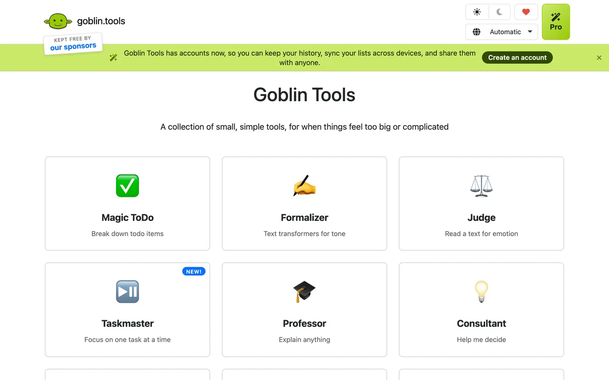 The Goblin.tools home page showing Magic ToDo, Formalizer, Judge, and other small tools