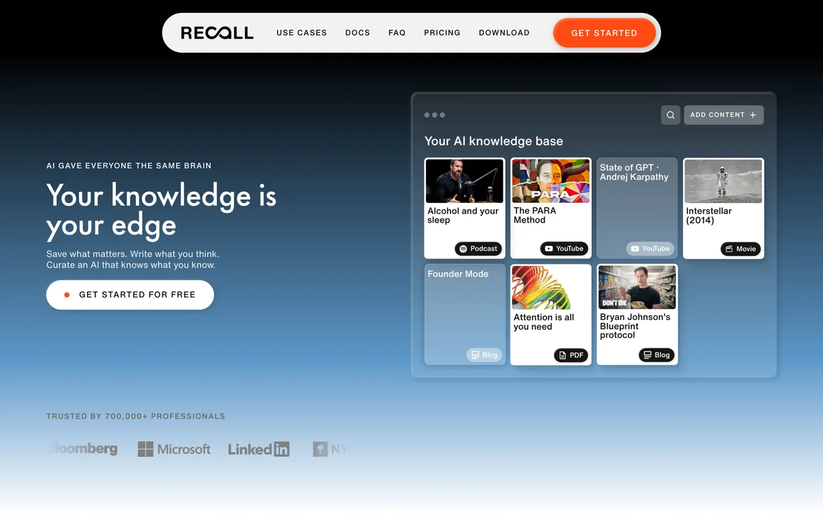 The Recall web app showing a visual knowledge base of saved articles, videos, and podcasts