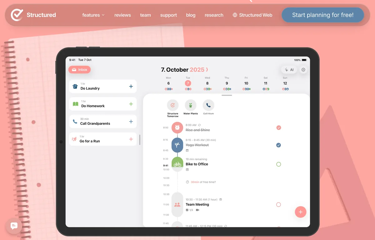 The Structured app showing a day laid out as a single visual timeline on a tablet