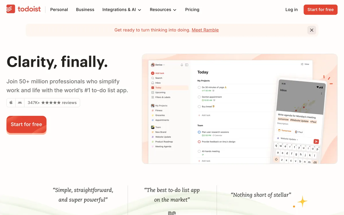The Todoist home page with the tagline "Clarity, finally" and a view of the task list
