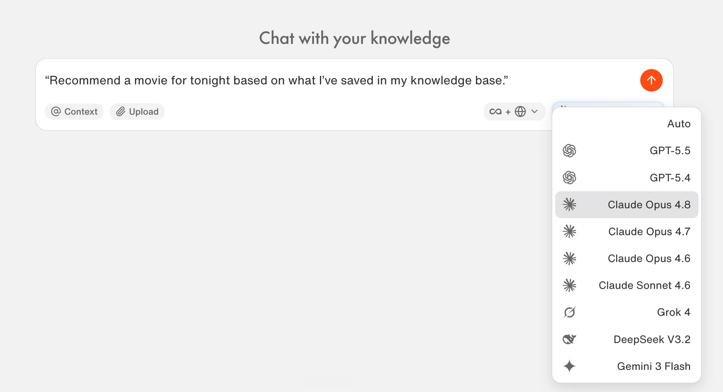 Recall chat with your knowledge base, showing the AI model selector with Claude Opus 4.8, GPT-5.5, and other models