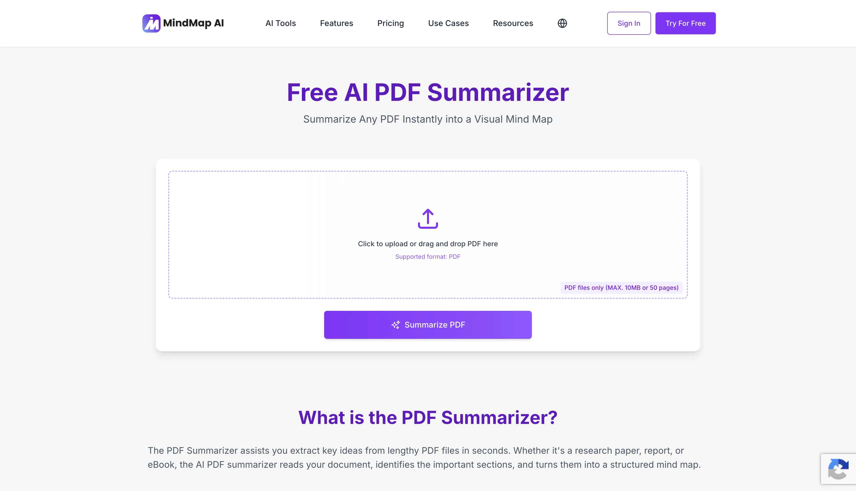 MindMap AI PDF summarizer turning a PDF into an interactive mind map