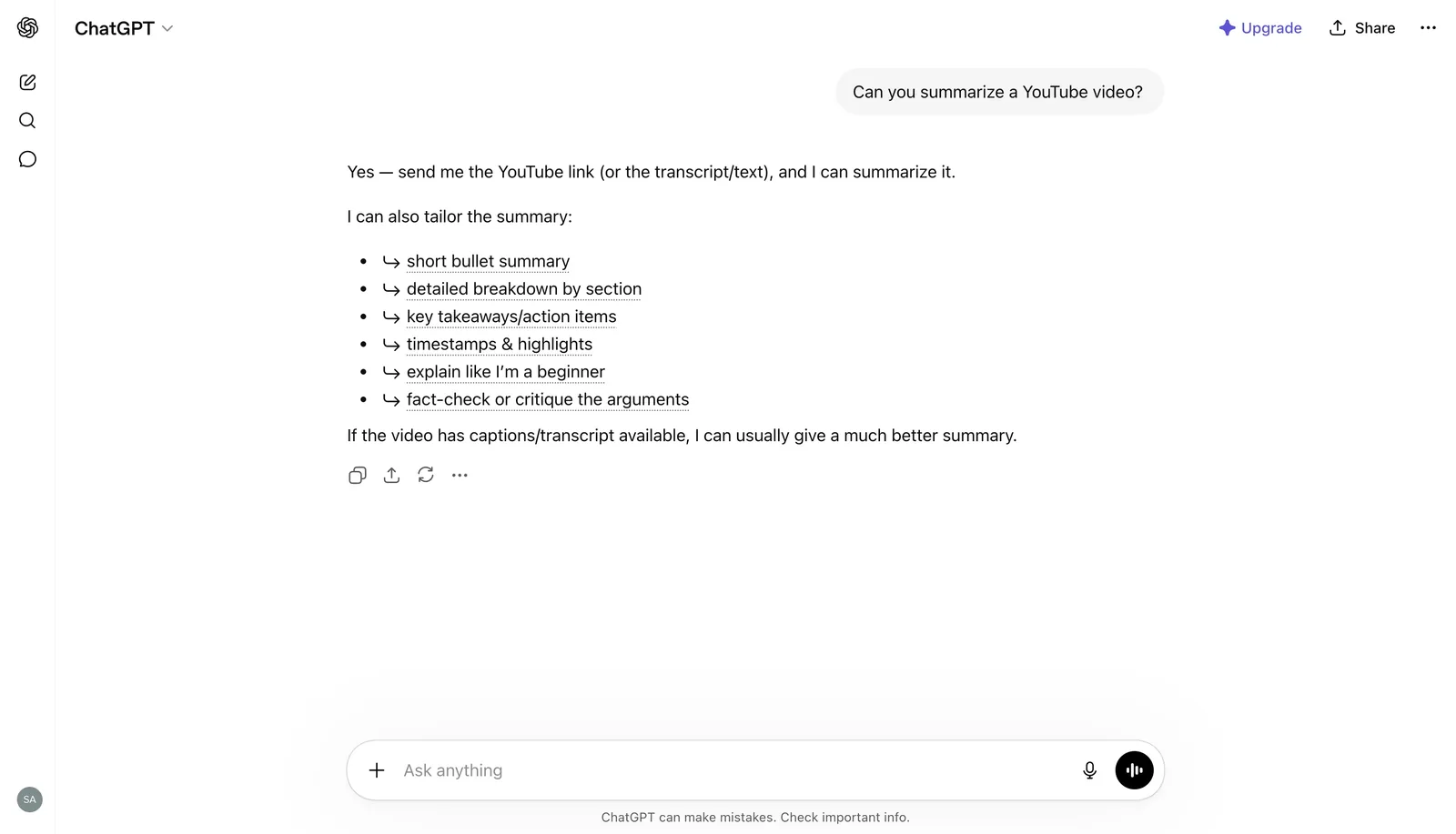 ChatGPT YouTube transcript generator