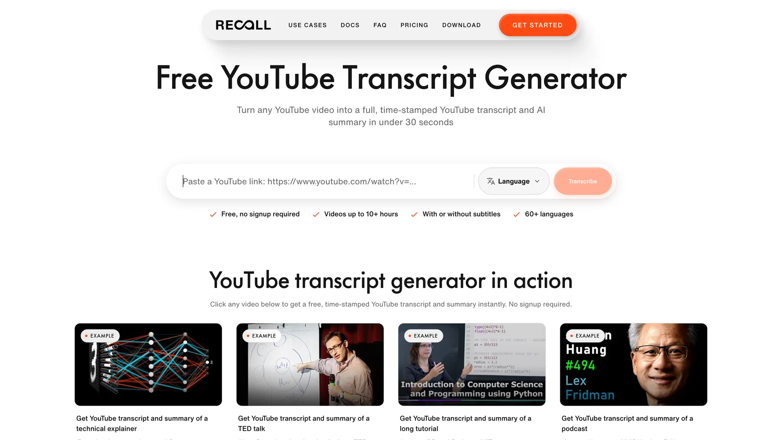 Recall YouTube transcript generator