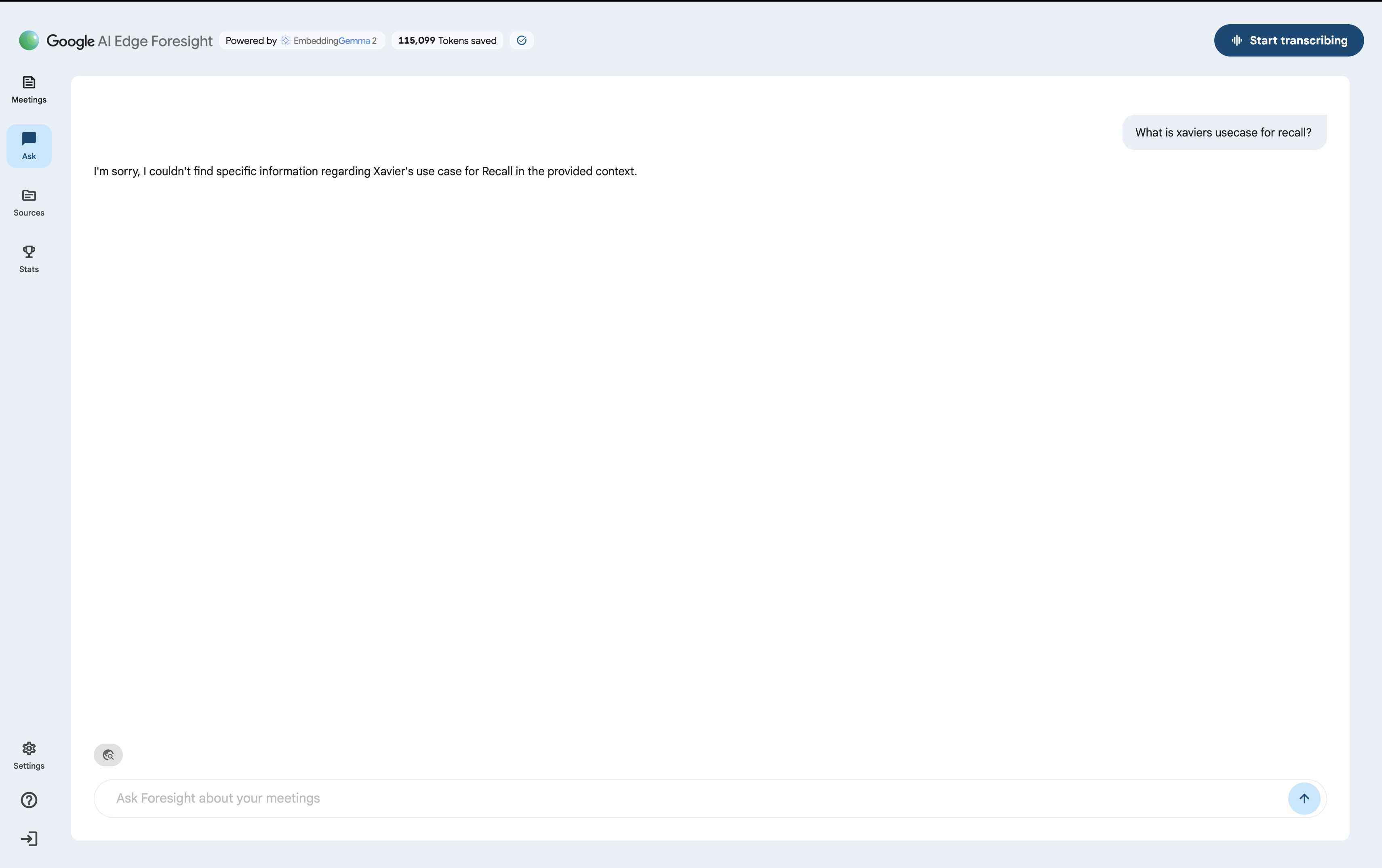 Google AI Edge Foresight chat saying it could not find Xavier's use case for Recall