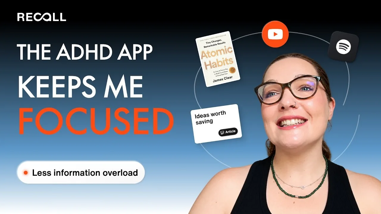 Nicole beside the words The ADHD app keeps me focused, with a book, a YouTube icon, a podcast icon, and a saved article