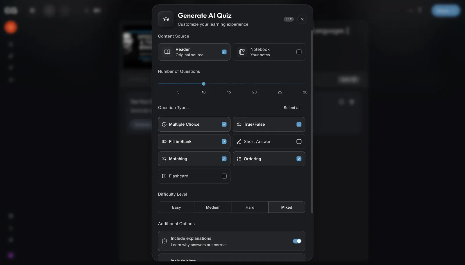 Generate AI quiz questions and flashcards from saved content in Recall