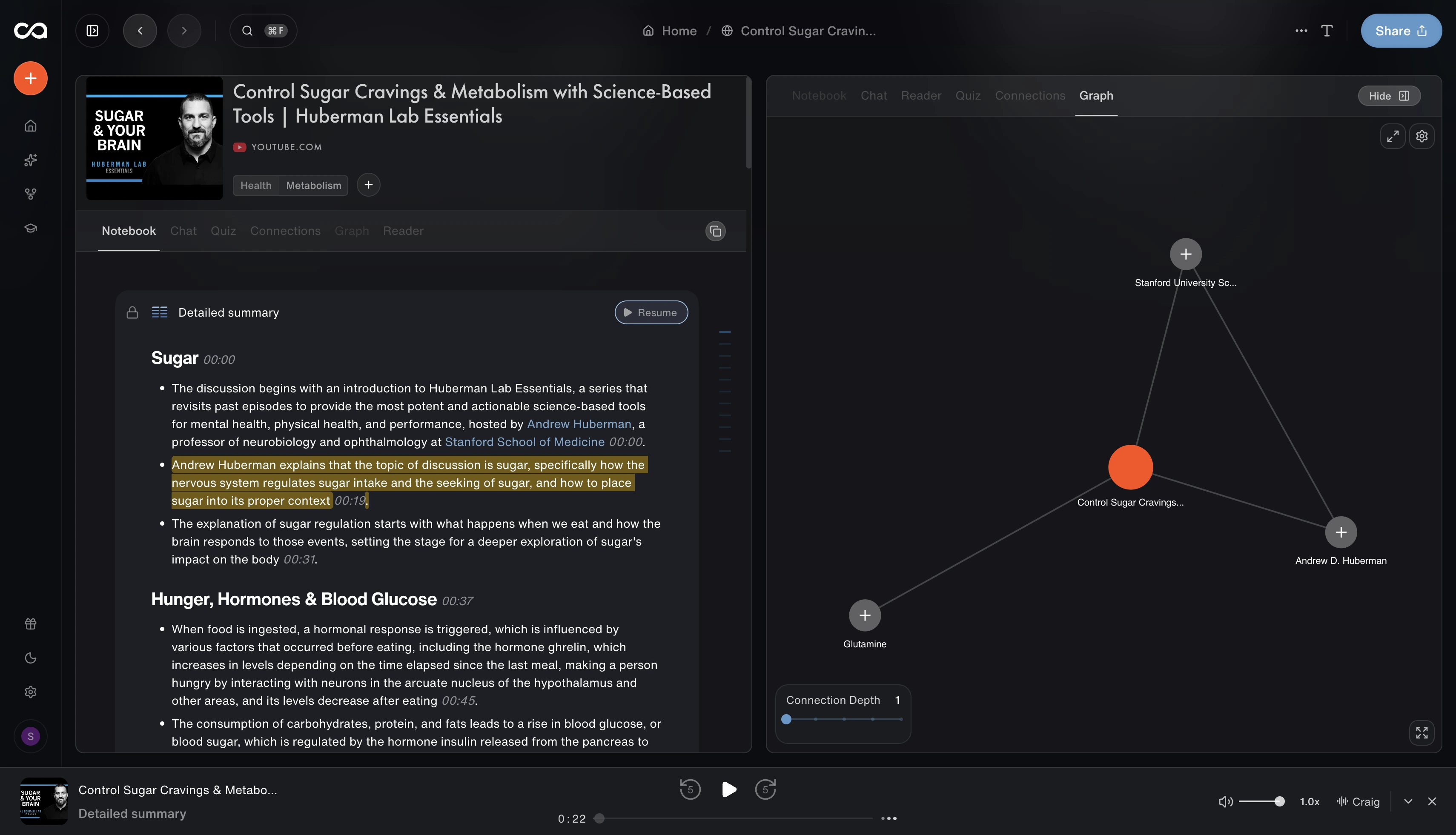 Saved YouTube video summary in Recall with timestamps and knowledge graph