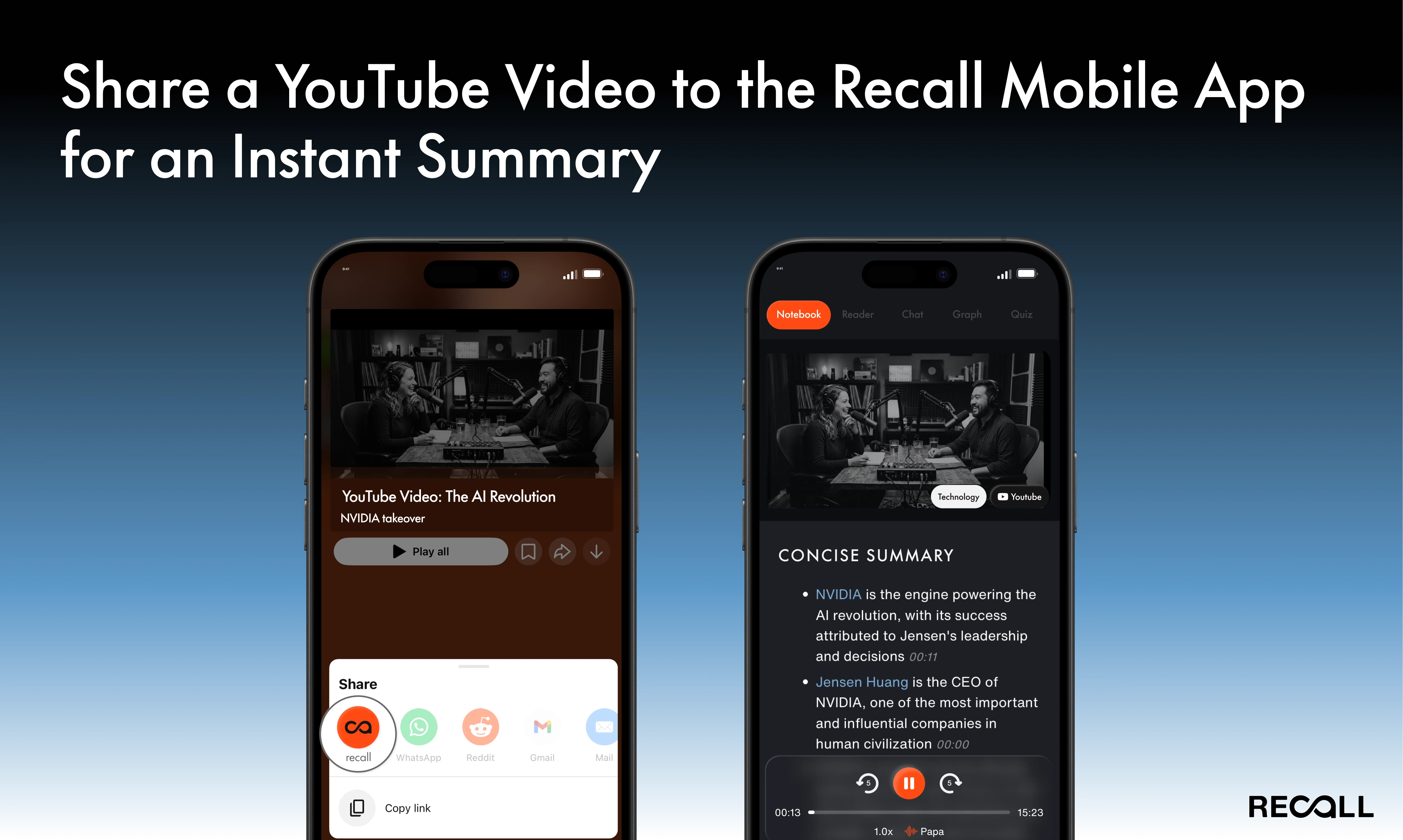 Share a YouTube video to Recall on mobile for an instant AI summary