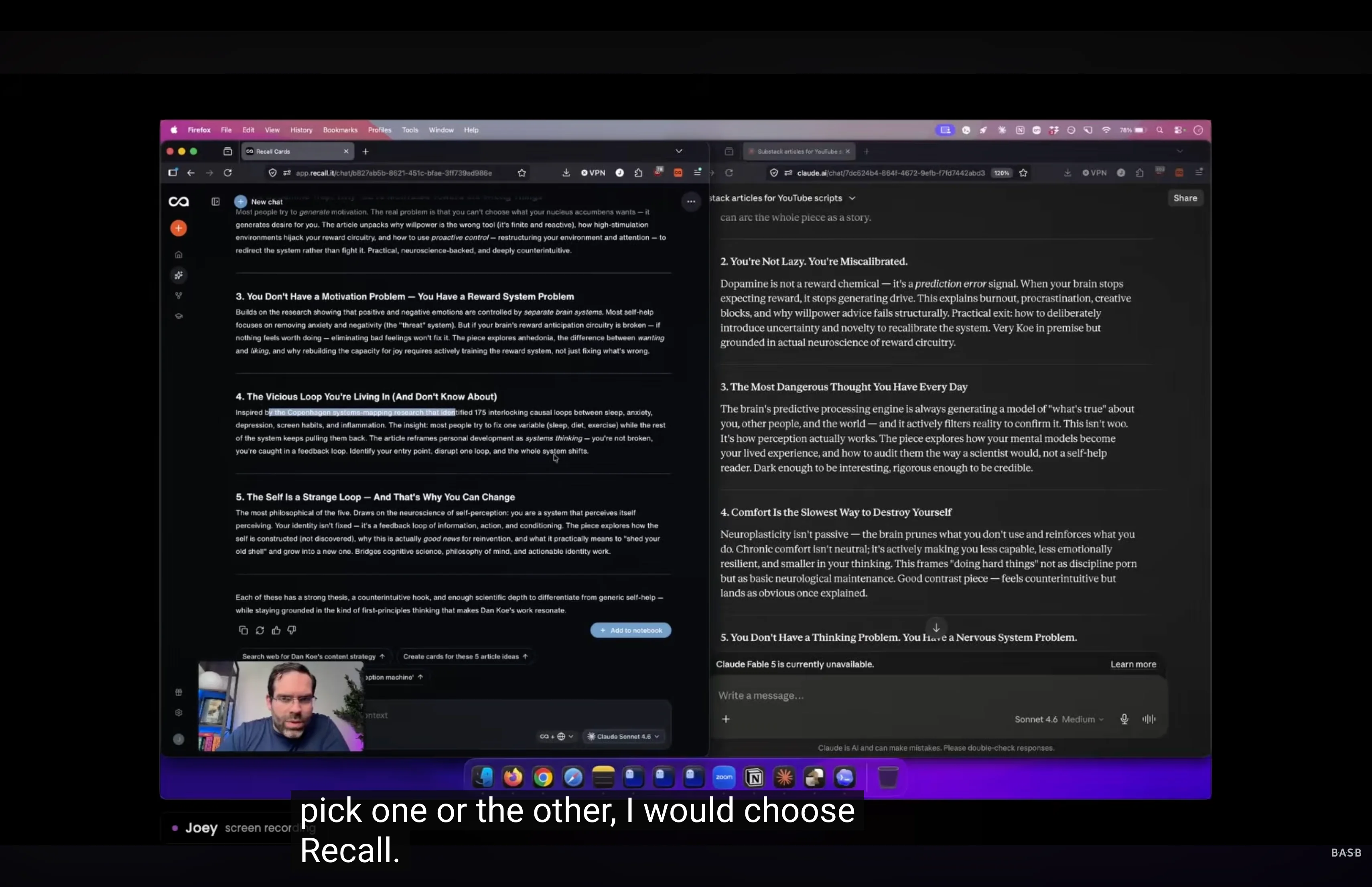 Tiago Forte team AI for writing workflow: Recall as a Claude alternative drafting from saved sources in your own voice