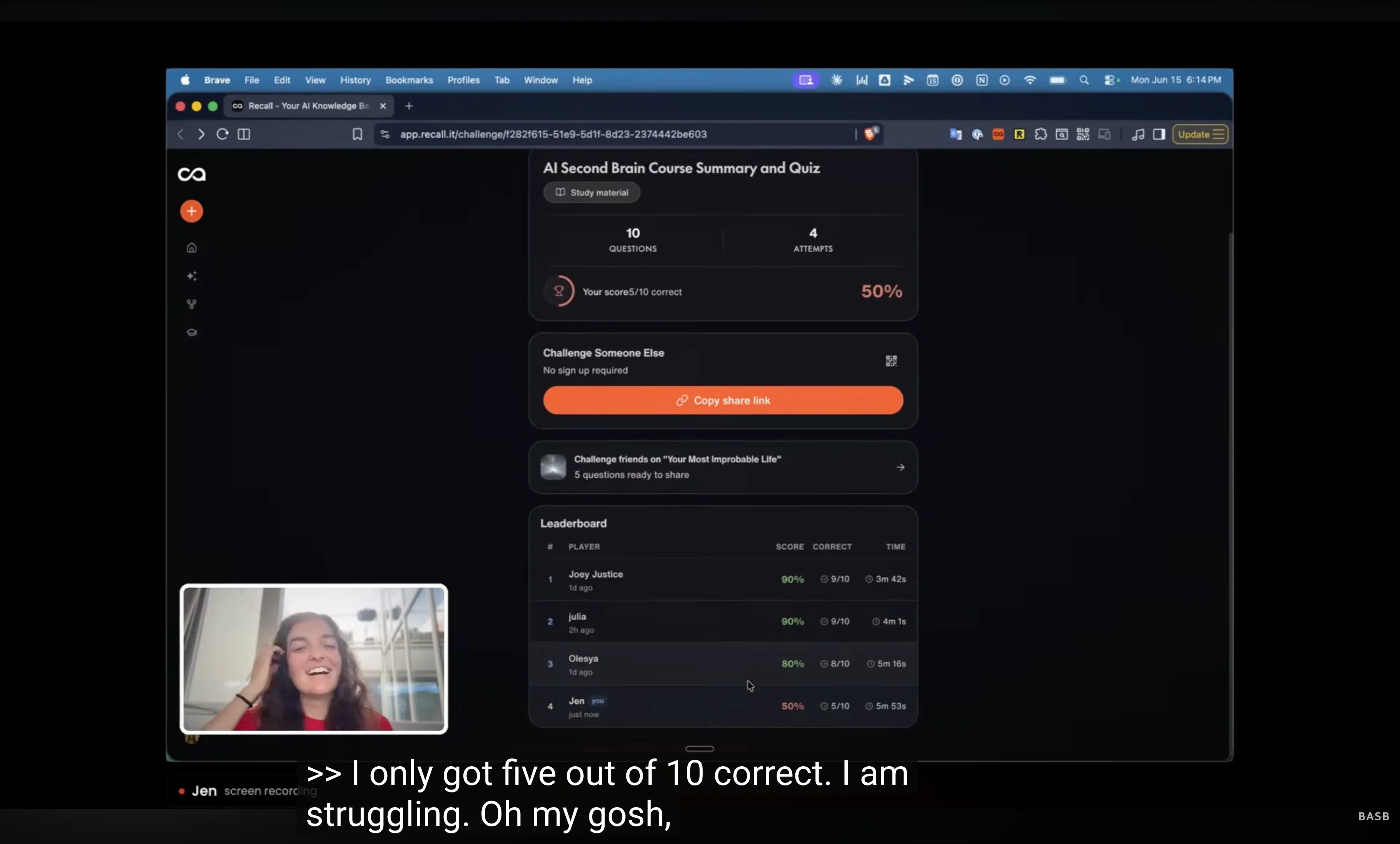 Tiago Forte team Recall AI quiz workflow: testing team knowledge from saved course material in an AI knowledge base