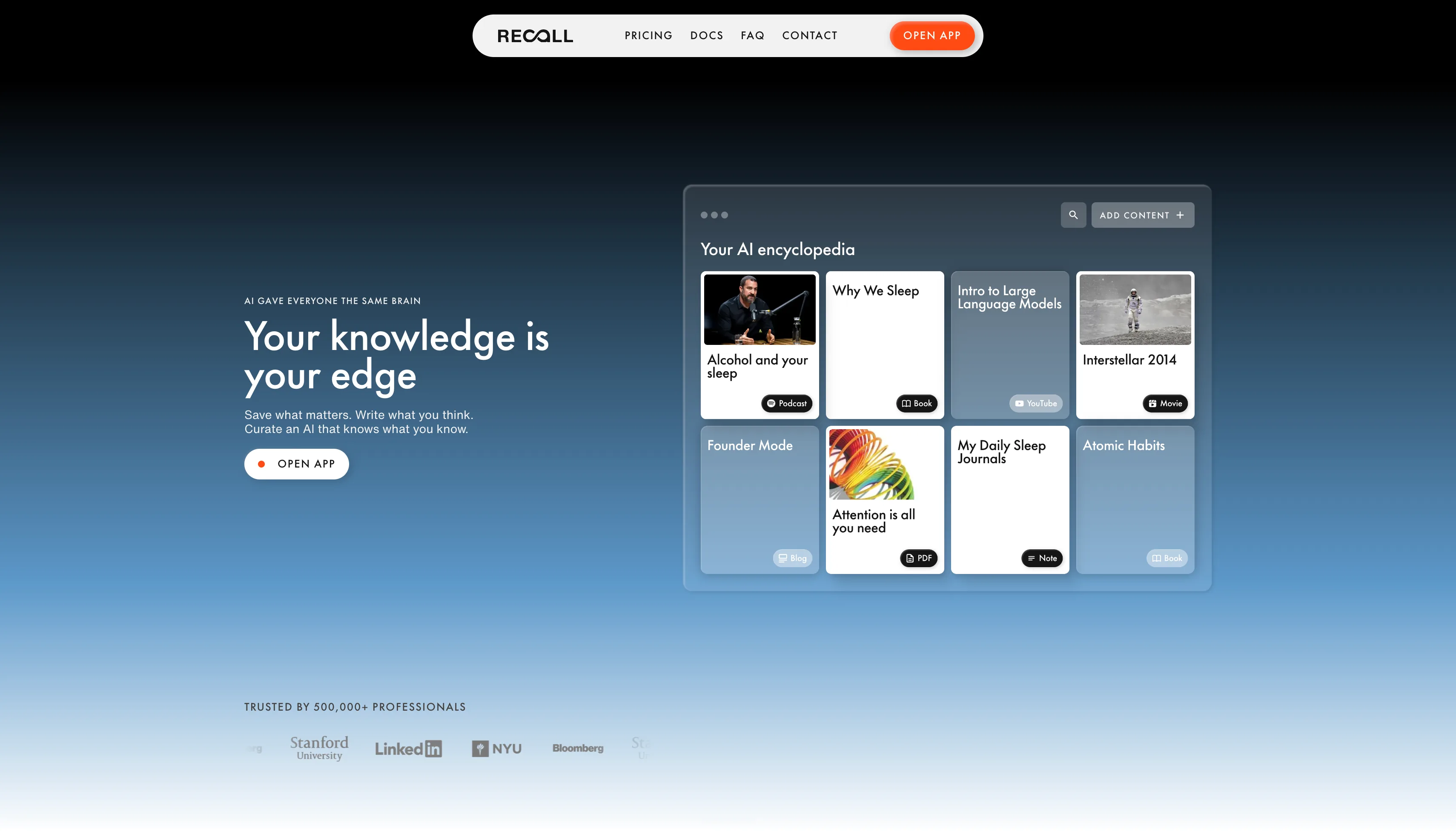 Recall homepage showing a personal AI knowledge base of saved articles, videos, books, and notes