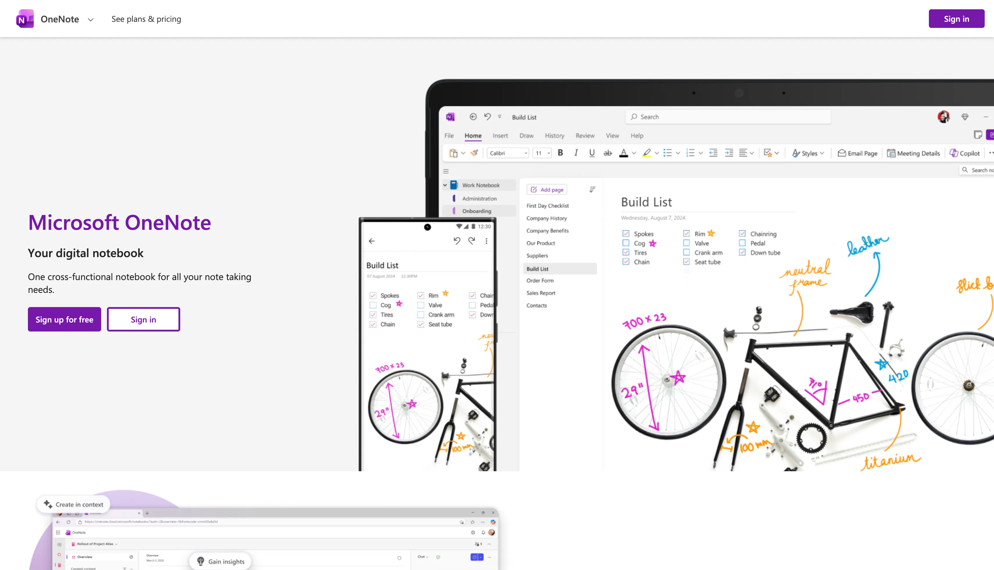 Microsoft OneNote notebook with freeform pages and handwritten notes as an Evernote alternative