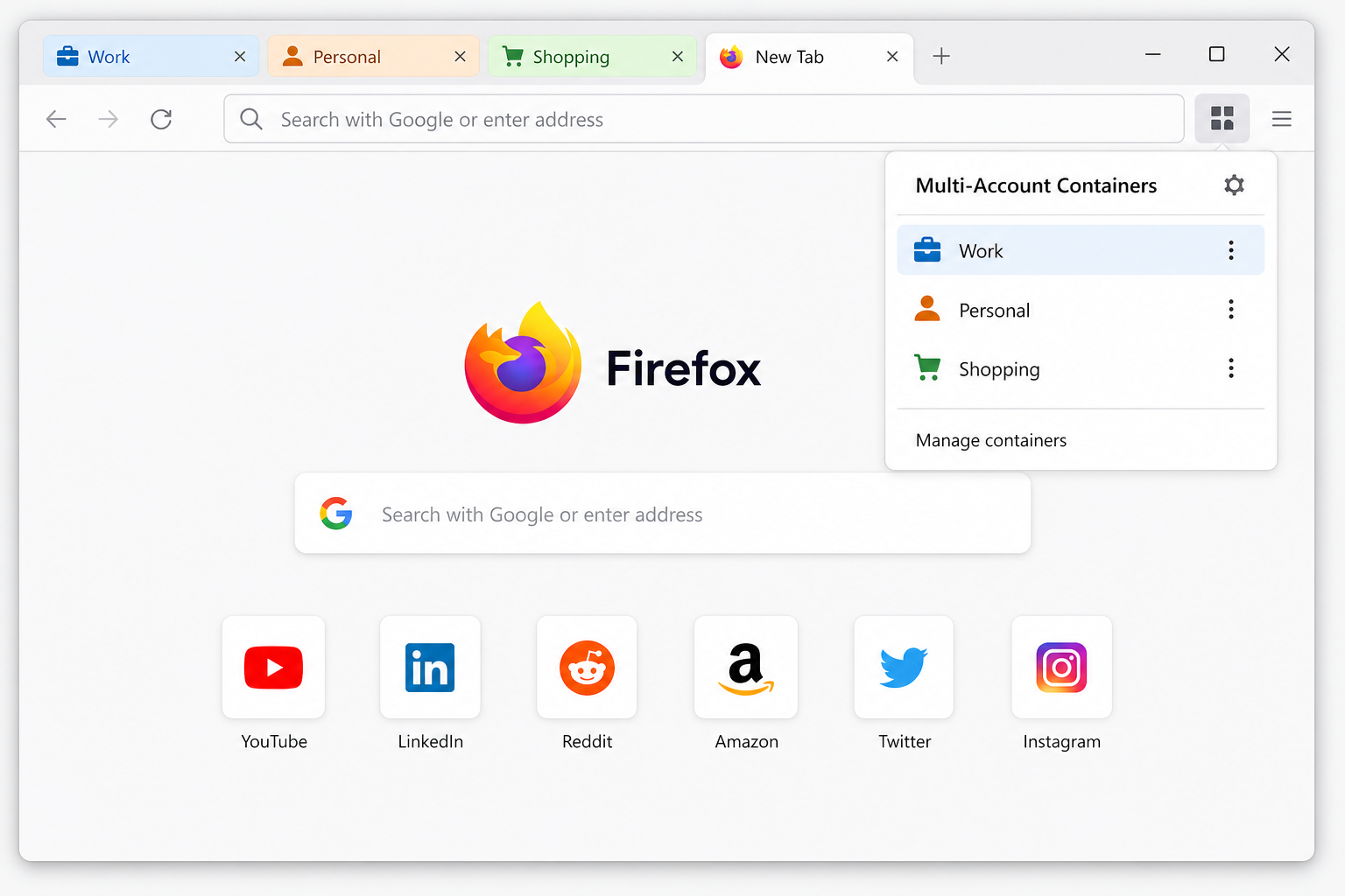 Firefox Multi-Account Containers add-on separating work and personal logins
