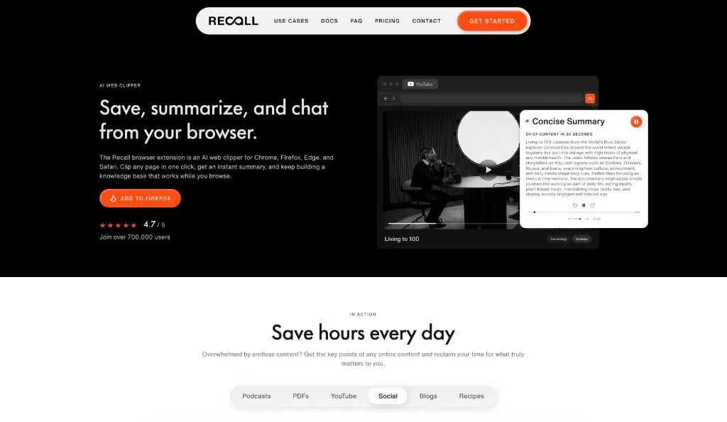 Recall Firefox extension landing page showing Add to Firefox and a one-click summary of a YouTube video