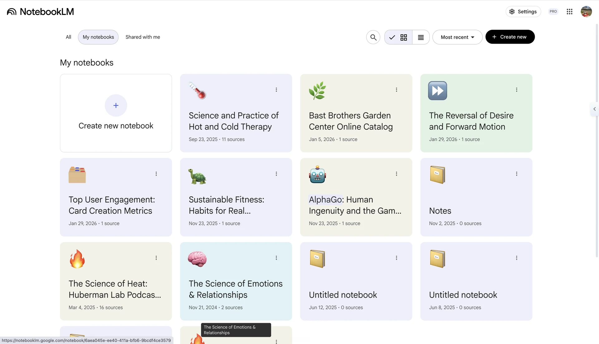 NotebookLM My Notebooks dashboard for uploading sources and chatting inside one AI research notebook