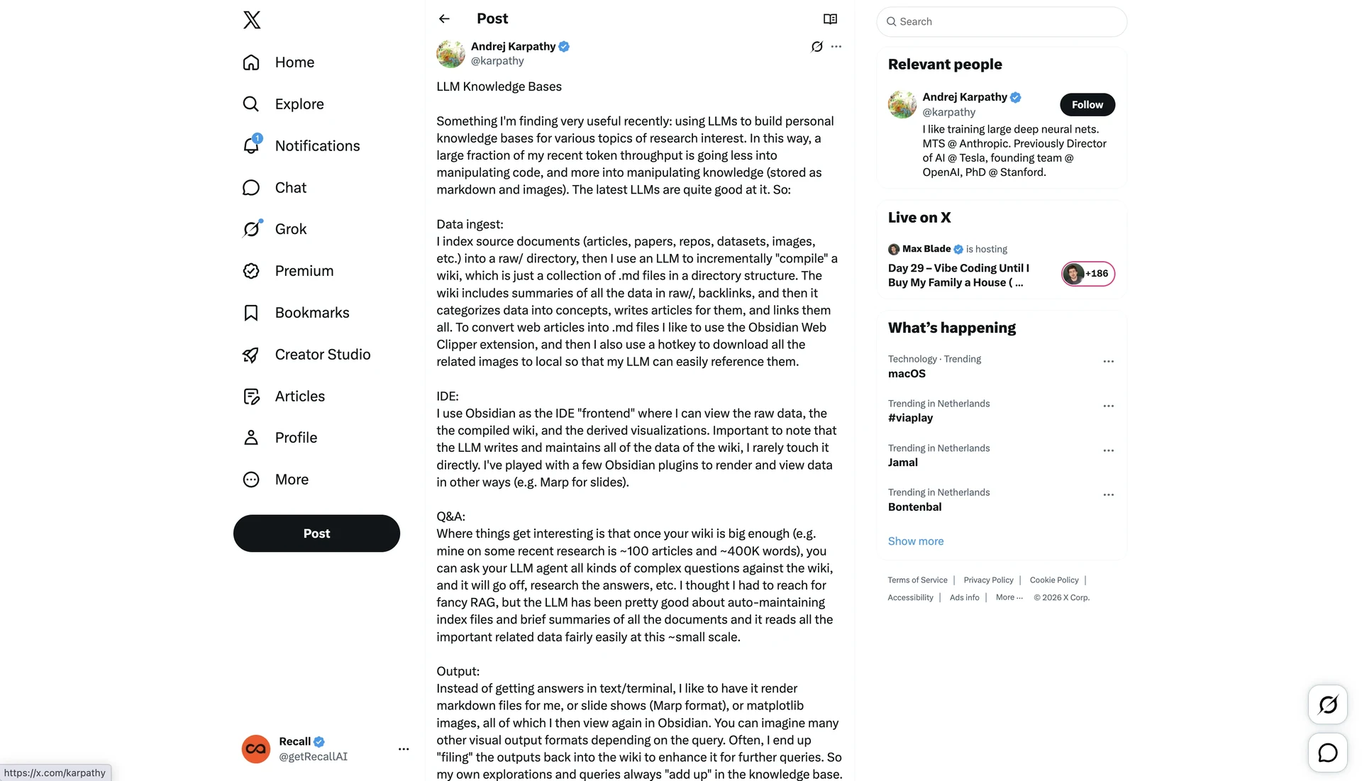 Andrej Karpathy LLM wiki workflow on X using Obsidian plus Claude as a technical NotebookLM alternative