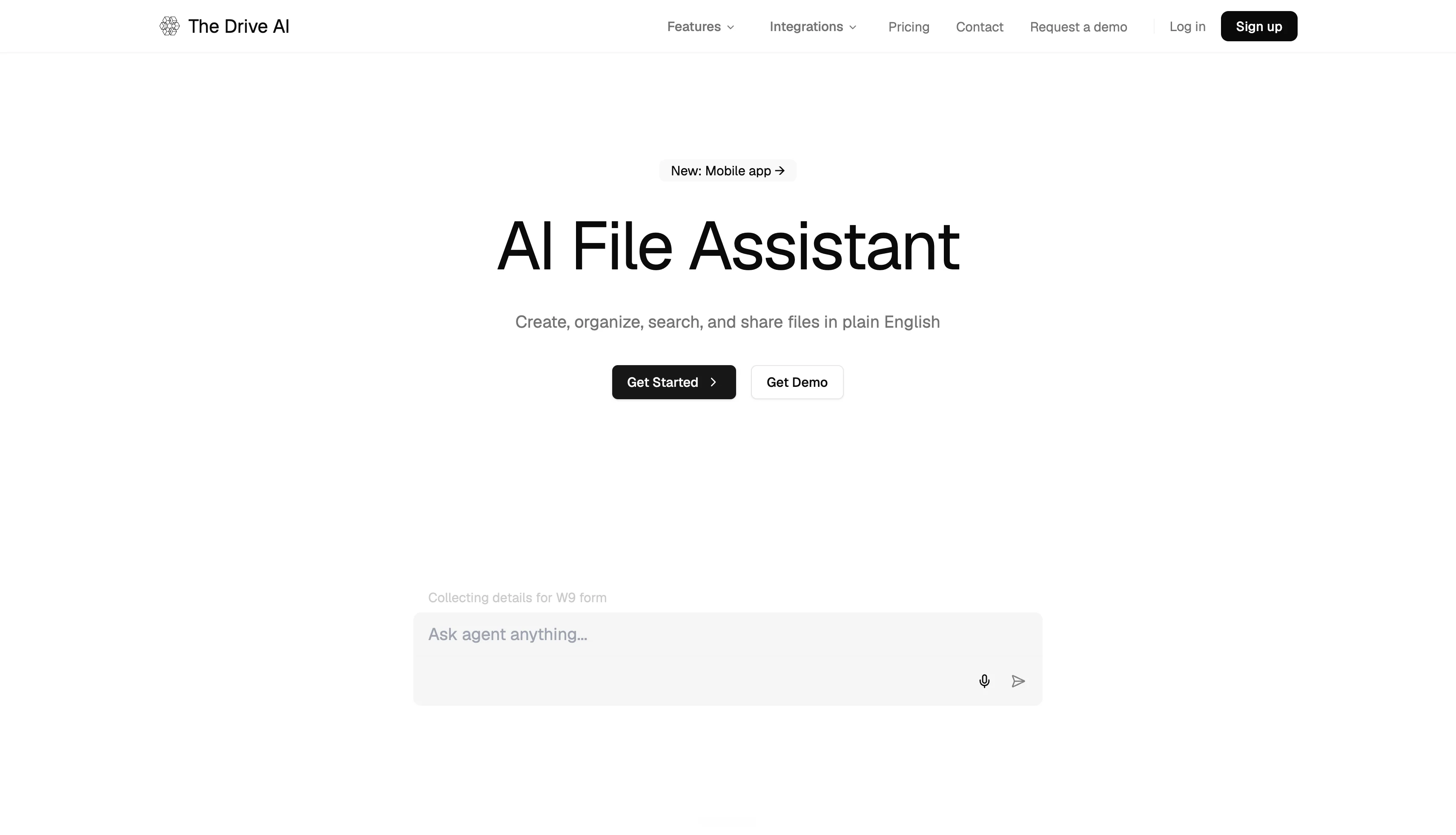 The Drive AI file assistant homepage for automatic organization, document chat, and cloud storage as a NotebookLM alternative