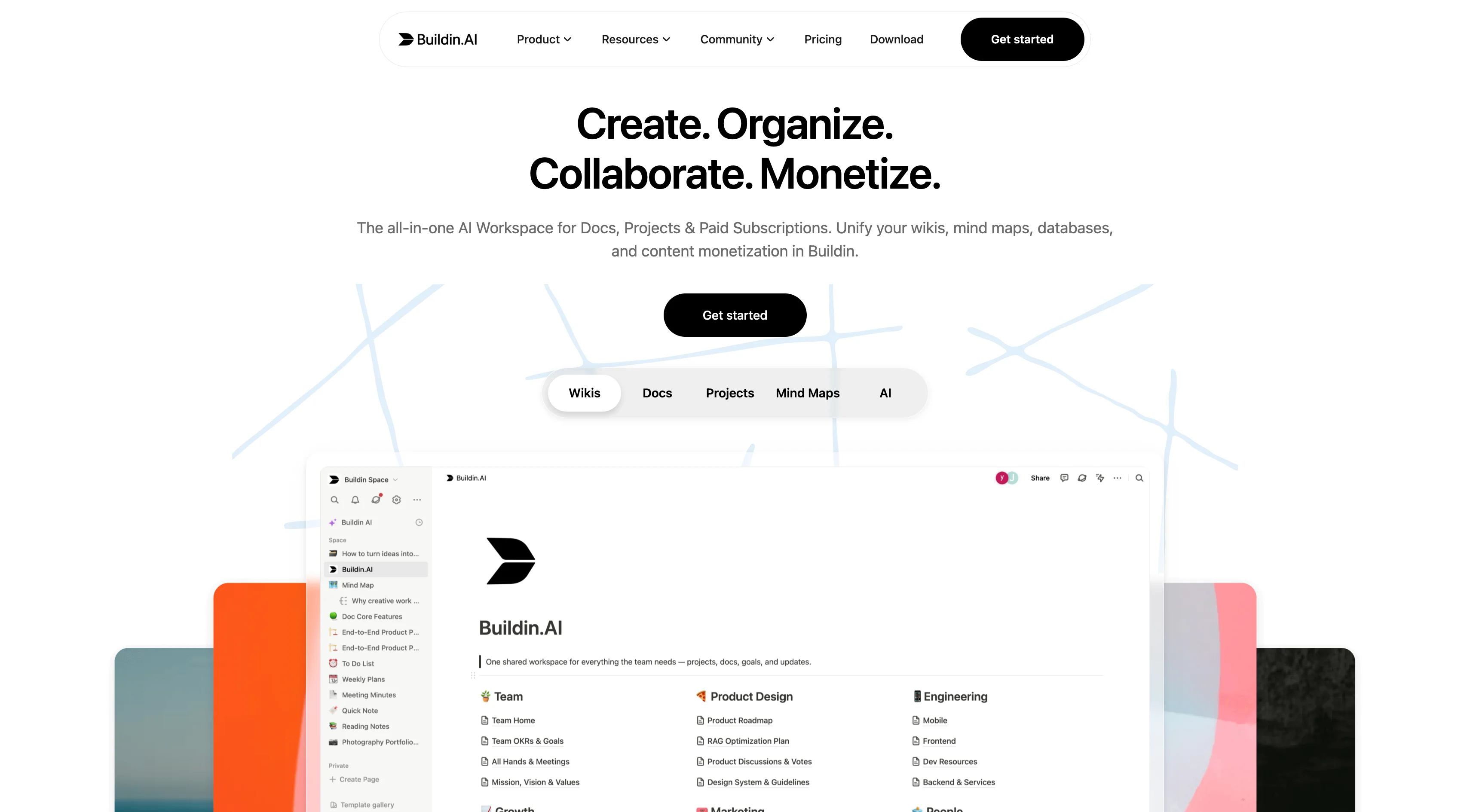Buildin AI workspace with docs, wikis, mind maps, projects, and monetization as a Notion alternative