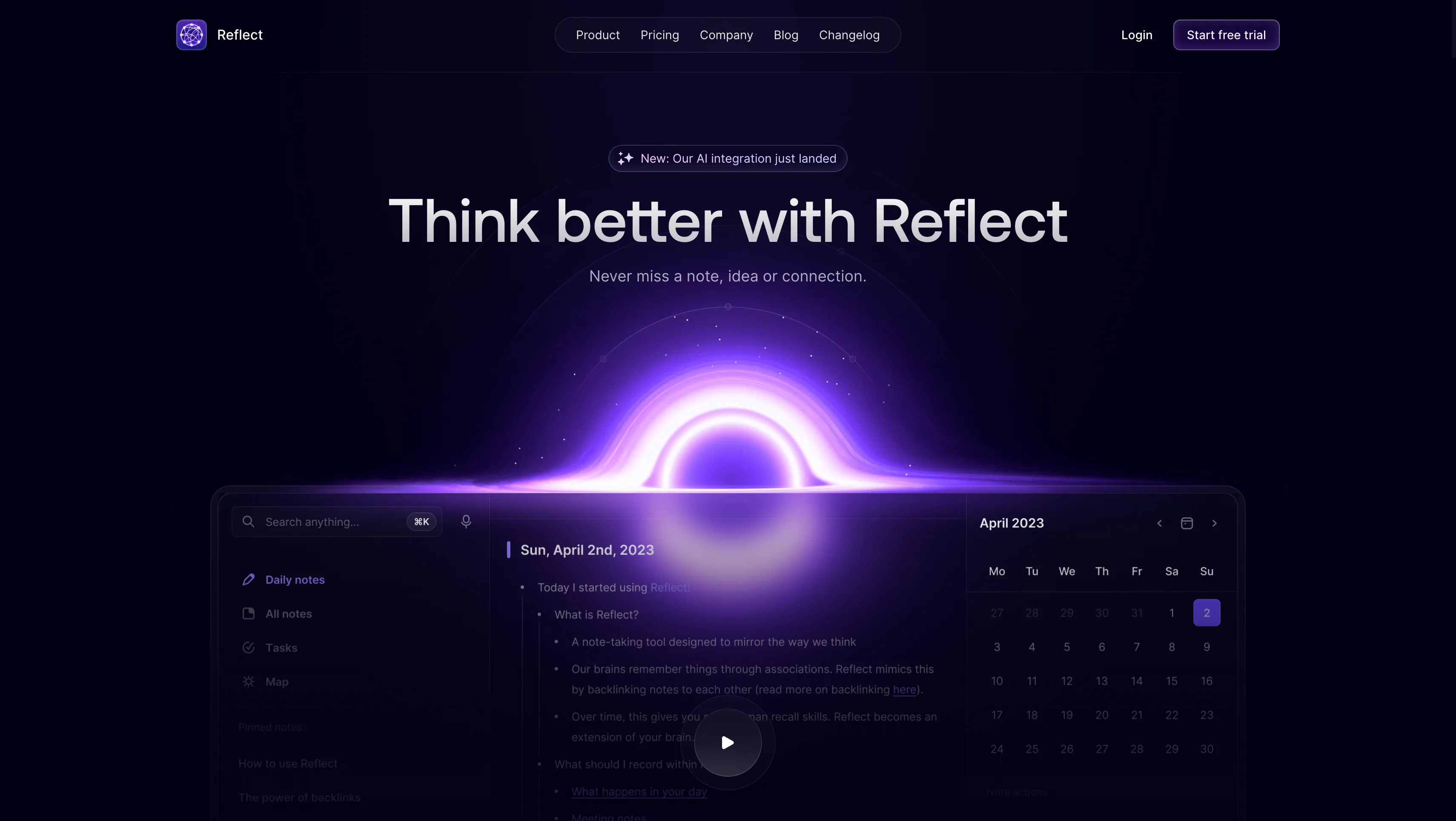Reflect AI note-taking app with linked notes and calendar context