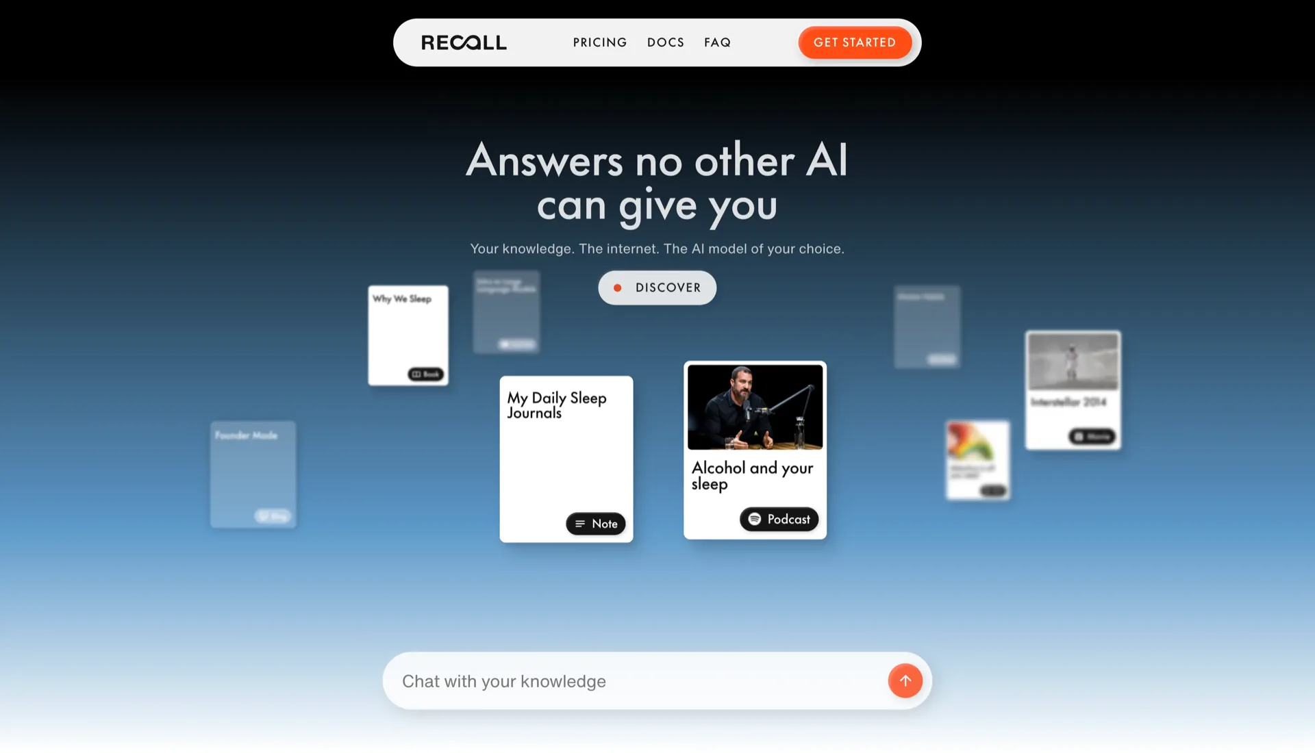 Recall AI knowledge base for research across saved articles, videos, PDFs, and notes