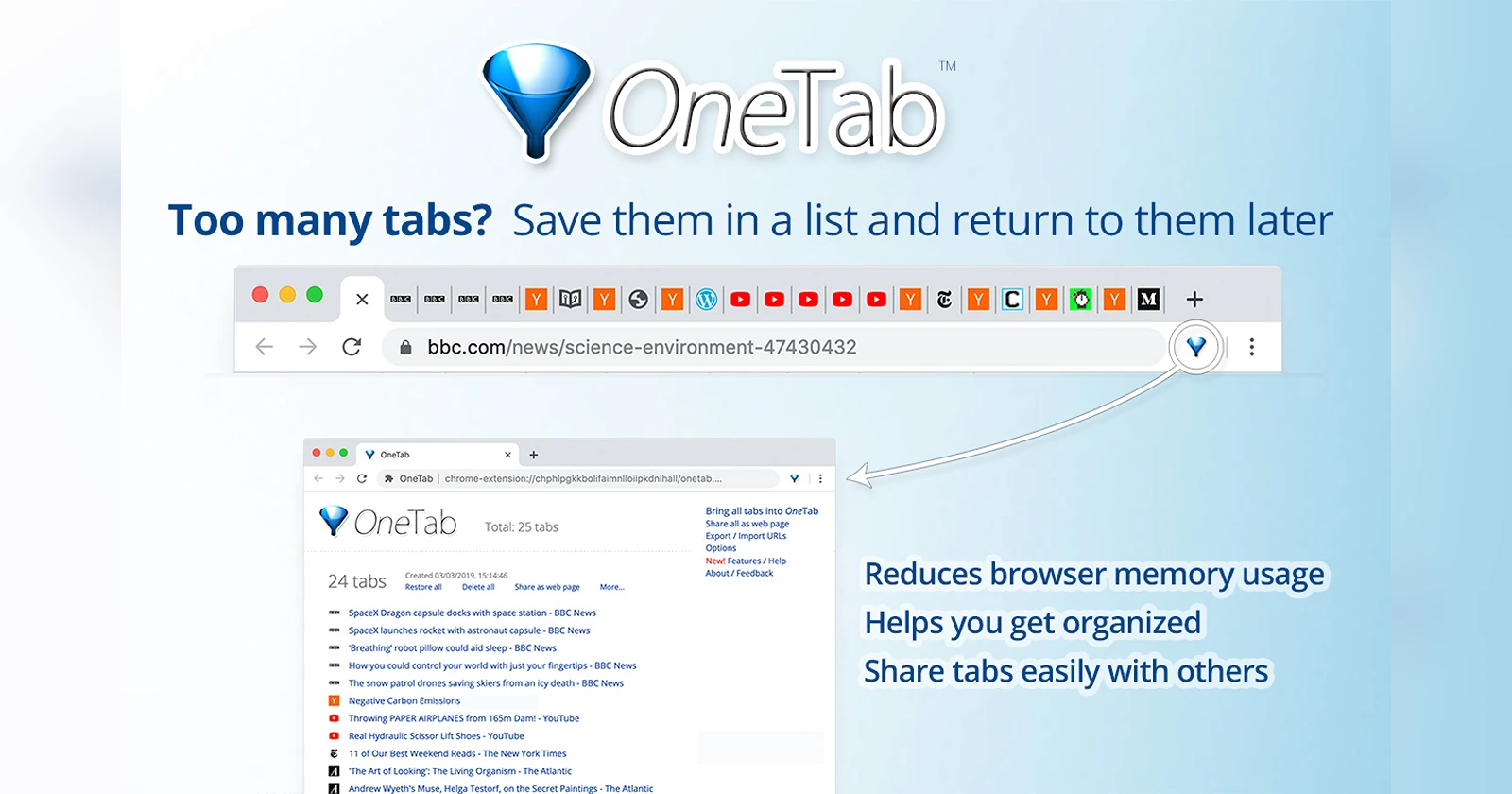 OneTab Chrome extension collapsing open tabs into a list