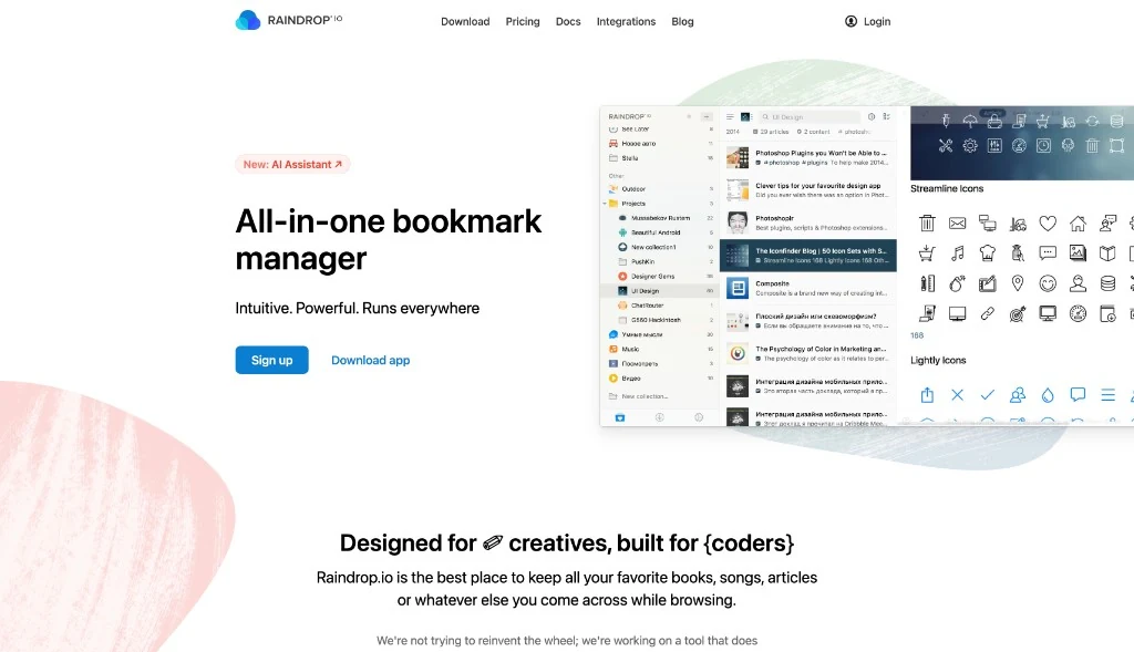 Raindrop.io bookmark manager for organizing articles, links, images, and videos