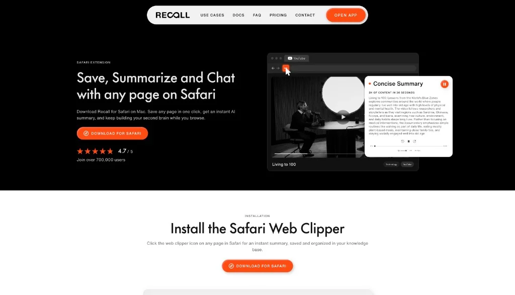 Recall Safari extension landing page showing a one-click summary of a YouTube video in the browser