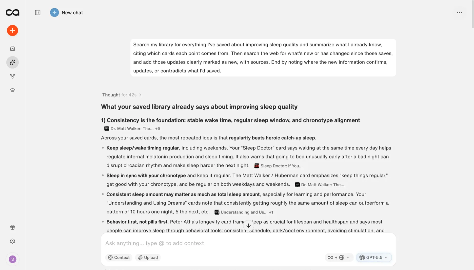 Recall as the best AI for research, answering from your saved library with citations to your own sources and the web