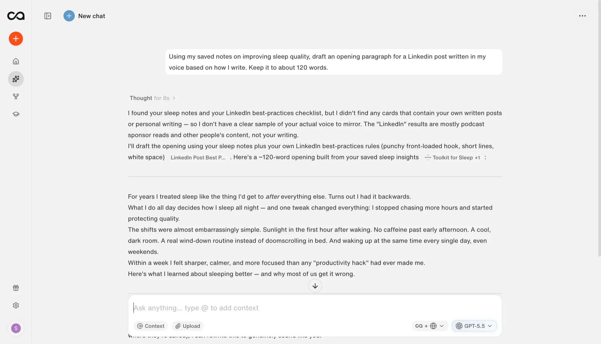 Recall as the best AI for writing, drafting from your saved notes in your own voice