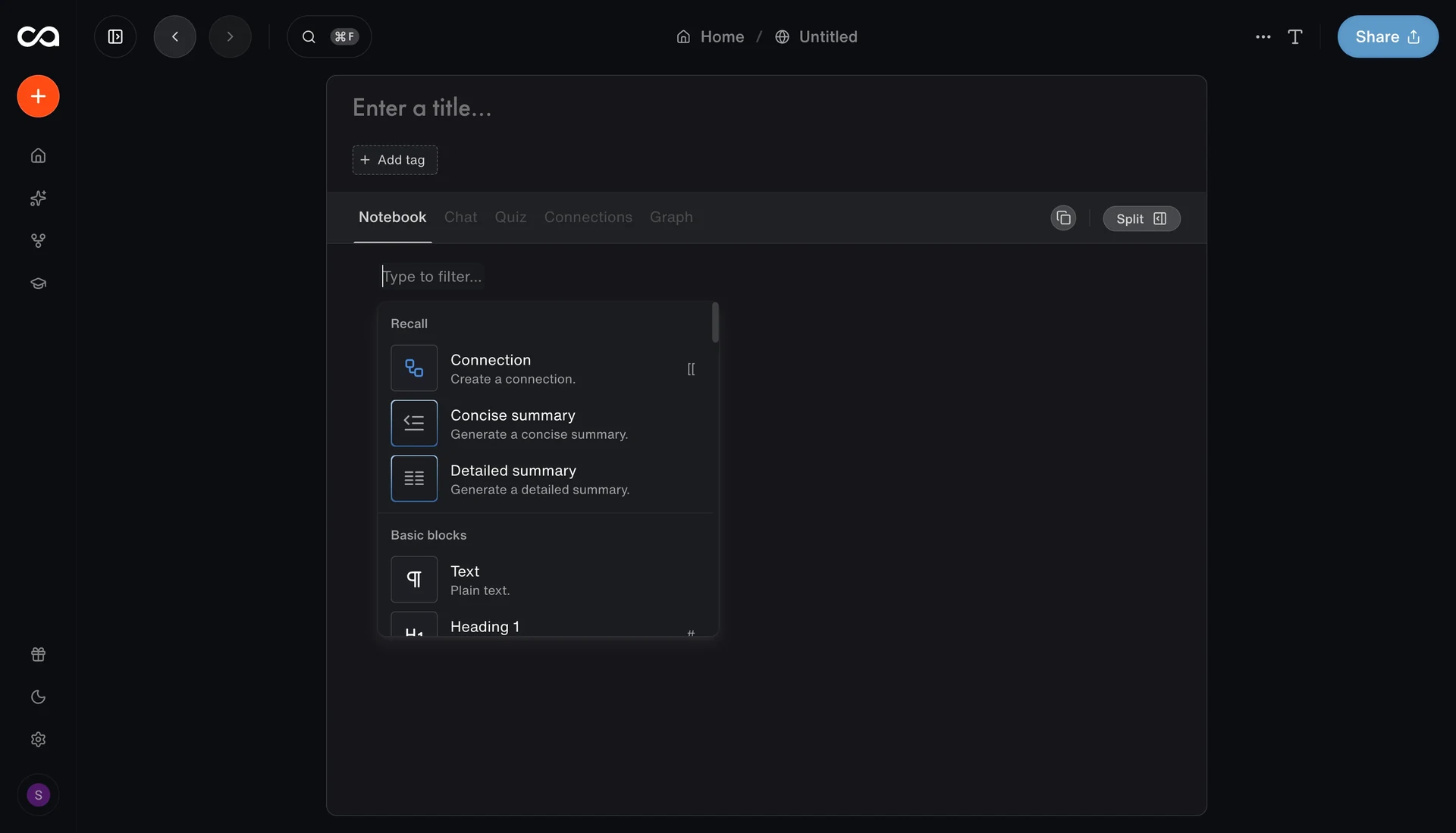 Recall rich note-taking editor with AI summaries, tables, and connected knowledge cards