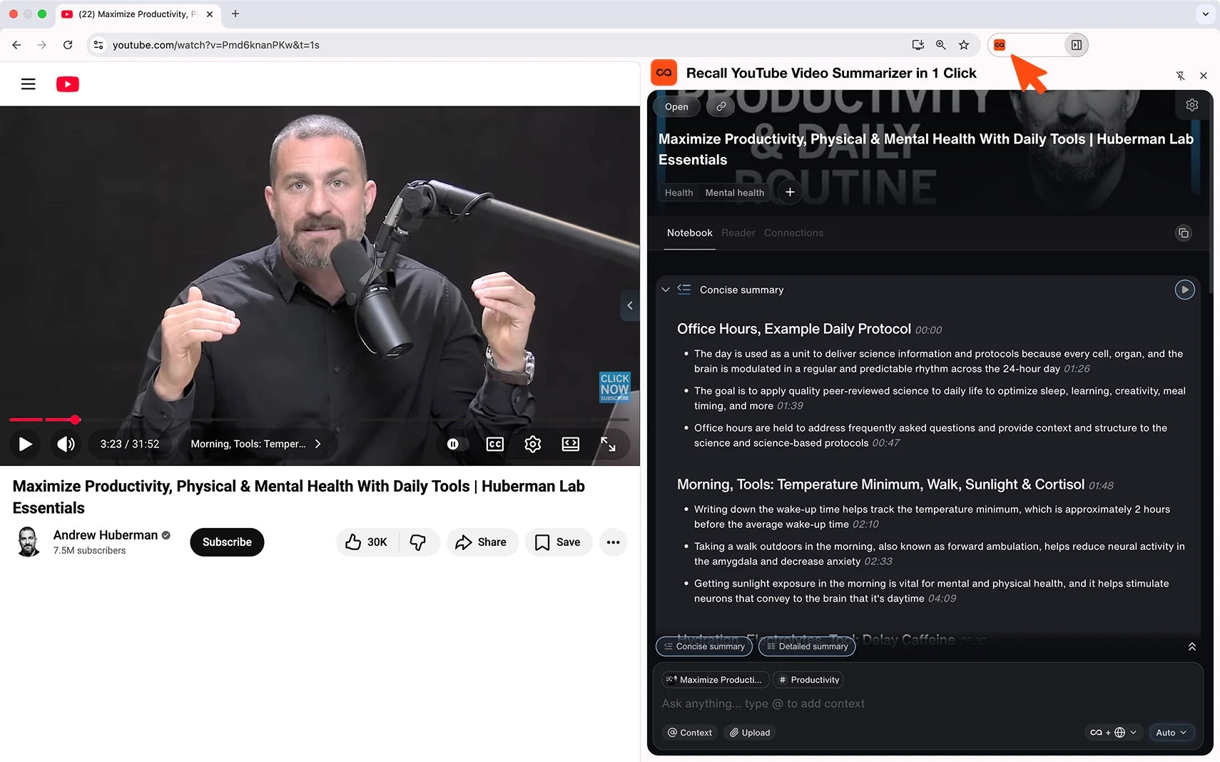 Recall Chrome extension capturing and summarizing a YouTube video in one click as an Obsidian alternative
